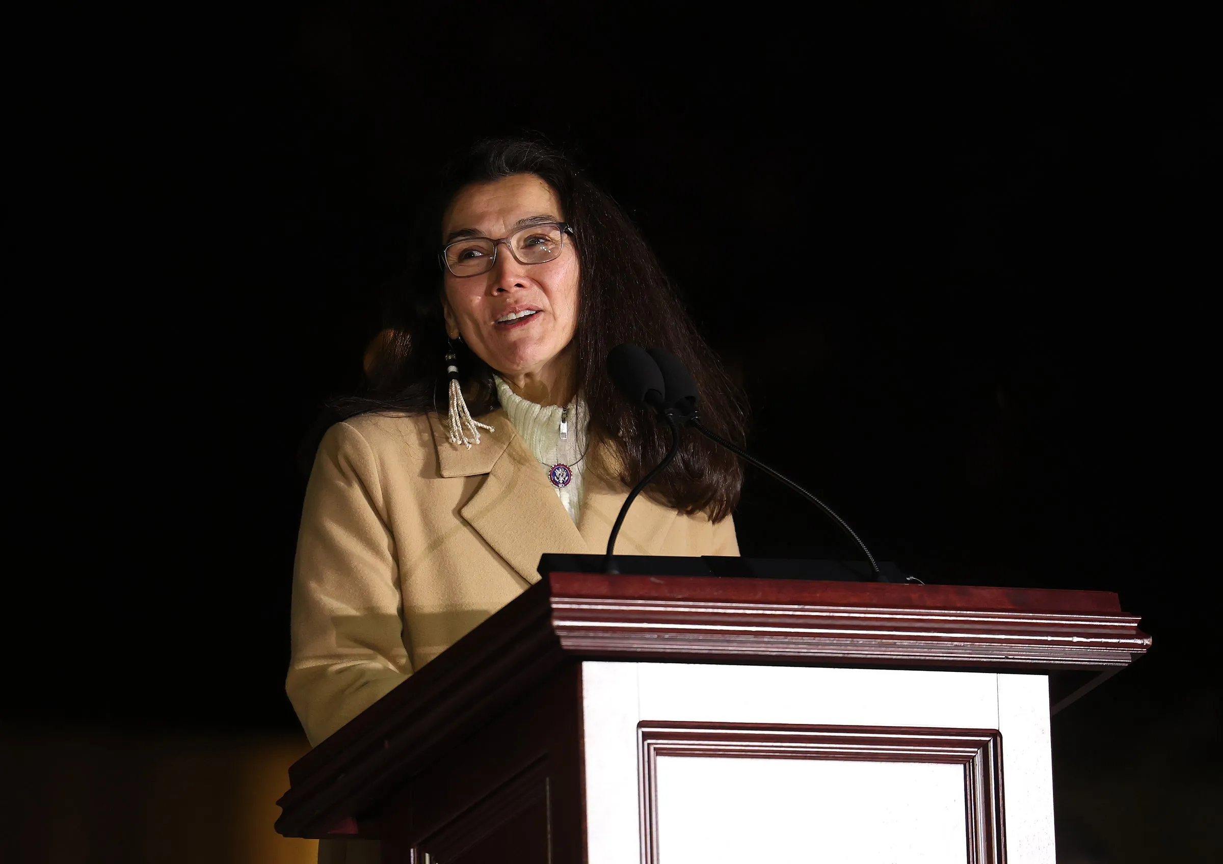 WASHINGTON, DC - DECEMBER 03: U.S. Rep. Mary Peltola (D-AK) speaks during the U.S. Capitol Christmas Tree lighting ceremony on the west front of the U.S. Capitol on December 03, 2024 in Washington, DC