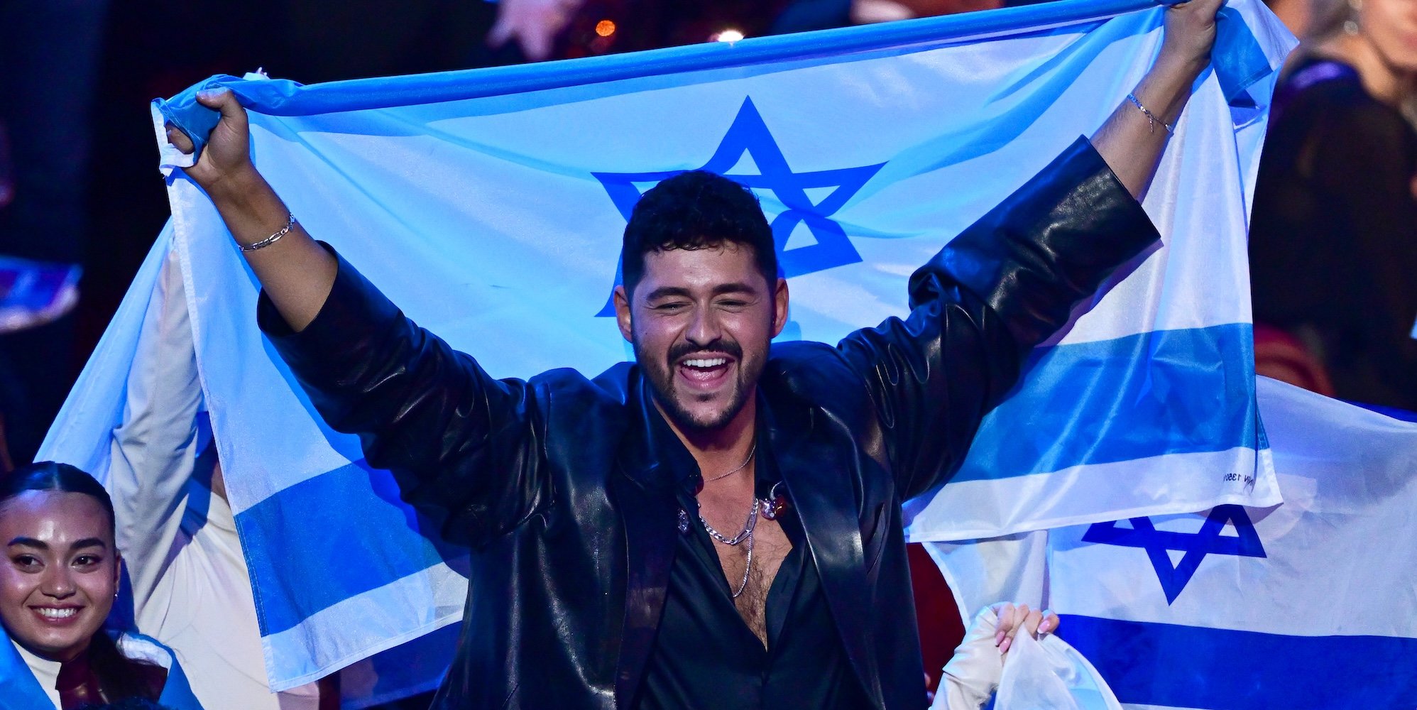 VIENNA, AUSTRIA - MAY 17: Noam Bettan representing Israel and guests celebrate during the Grand Final of the 70th Eurovision Song Contest at Wiener Stadthalle on May 17, 2026 in Vienna, Austria. (Photo by Christian Bruna/Getty Images)