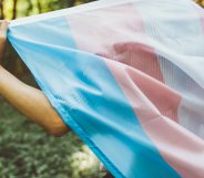 A person holding a trans flag.