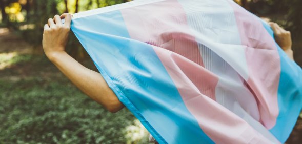 A person holding a trans flag.