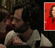 Penn Badgley in 'You' and with wife Domino