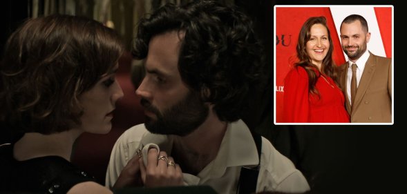 Penn Badgley in 'You' and with wife Domino