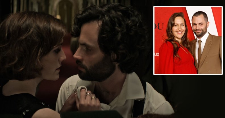 Penn Badgley in 'You' and with wife Domino