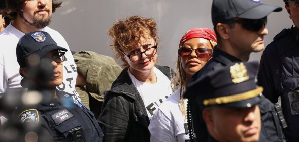 New York City Police Department (NYPD) officers detain US actress Susan Sarandon and pro-Palestinian demonstrators