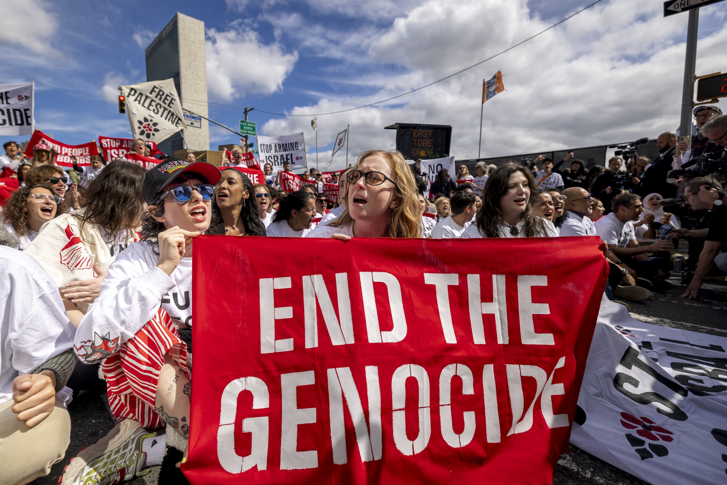 Actor and activist Hannah Einbinder participates in a protest with the group Jewish Voice for Peace during a blockade outside the United Nations General Assembly
