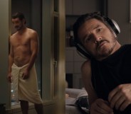 Images of Pedro Pascal in BEHEMOTH: let of him in a towel and shirtless, right of him leaning against a table in headphones and a sleeveless vest