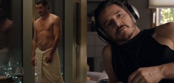 Images of Pedro Pascal in BEHEMOTH: let of him in a towel and shirtless, right of him leaning against a table in headphones and a sleeveless vest