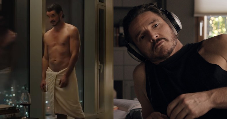 Images of Pedro Pascal in BEHEMOTH: let of him in a towel and shirtless, right of him leaning against a table in headphones and a sleeveless vest