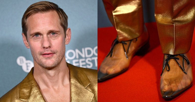 Alexander Skarsgård headshot and his see-through footwear