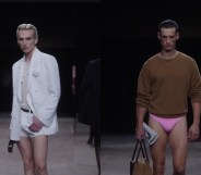 Tom Ford's Spring 2027 collection: an all-white suit with tiny shorts and skimpy pink underwear paired with a brown jumper.