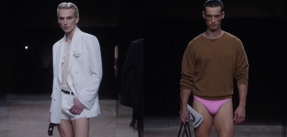 Tom Ford's Spring 2027 collection: an all-white suit with tiny shorts and skimpy pink underwear paired with a brown jumper.