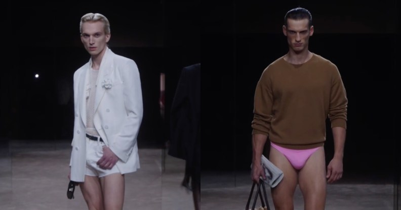 Tom Ford's Spring 2027 collection: an all-white suit with tiny shorts and skimpy pink underwear paired with a brown jumper.