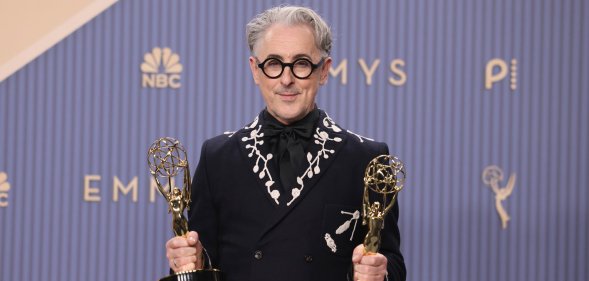 LOS ANGELES, CALIFORNIA - SEPTEMBER 14: Alan Cumming winner of Outstanding Reality Competition Program for "The Traitors" poses backstage for the 78th Primetime Emmy Awards at Peacock Theater on Septe