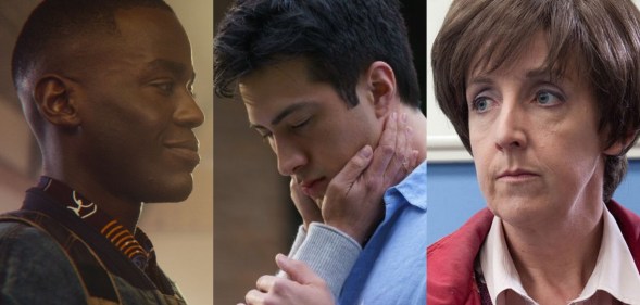 stills from Sex Education, Heated Rivalry and Coronation Street.