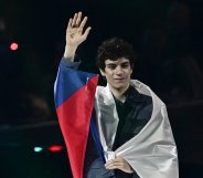 Czech singer Daniel Zizka arrives on stage for the dress rehearsal for the grand final of the Eurovision Song Contest 2026