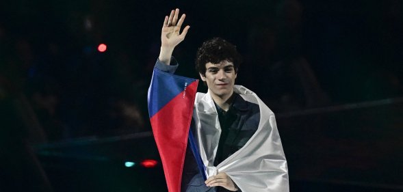 Czech singer Daniel Zizka arrives on stage for the dress rehearsal for the grand final of the Eurovision Song Contest 2026