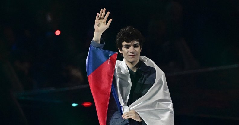 Czech singer Daniel Zizka arrives on stage for the dress rehearsal for the grand final of the Eurovision Song Contest 2026