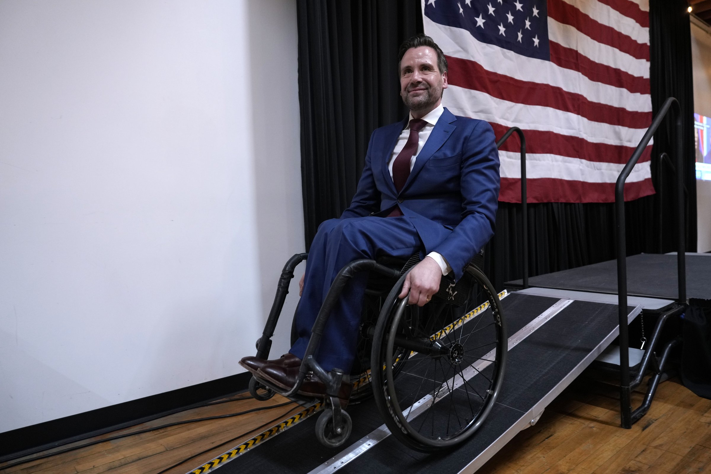 DES MOINES, IOWA - JUNE 2: Iowa Democratic U.S. Senate candidate Josh Turek leaves the stage after speaking at a primary night rally at The Loft on June 2, 2026 in Des Moines, Iowa. State Democratic