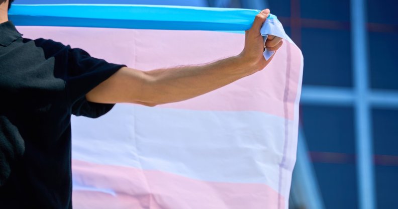 Person holds transgender Pride flag