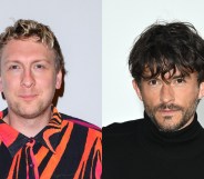 Joe Lycett headshot; he's in a black and orange-pink striped shirt. Jonathan Bailey headshot; he's in a black turtle neck jumper with wavy hair falling forward