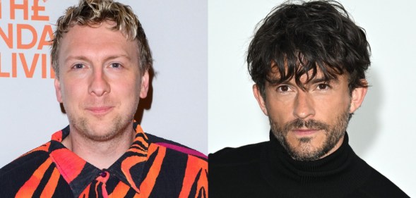 Joe Lycett headshot; he's in a black and orange-pink striped shirt. Jonathan Bailey headshot; he's in a black turtle neck jumper with wavy hair falling forward