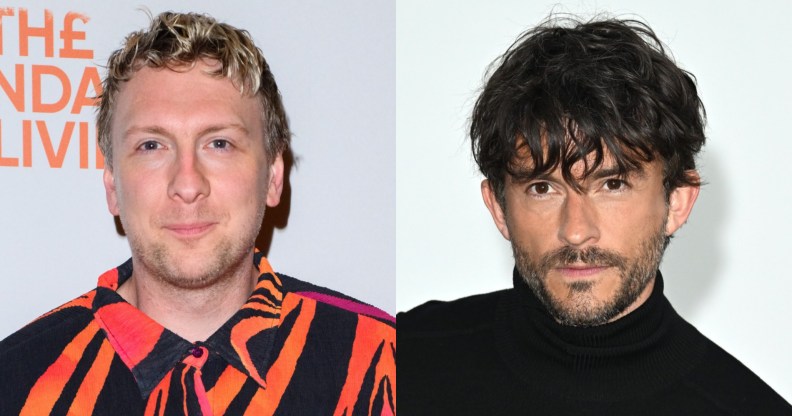 Joe Lycett headshot; he's in a black and orange-pink striped shirt. Jonathan Bailey headshot; he's in a black turtle neck jumper with wavy hair falling forward