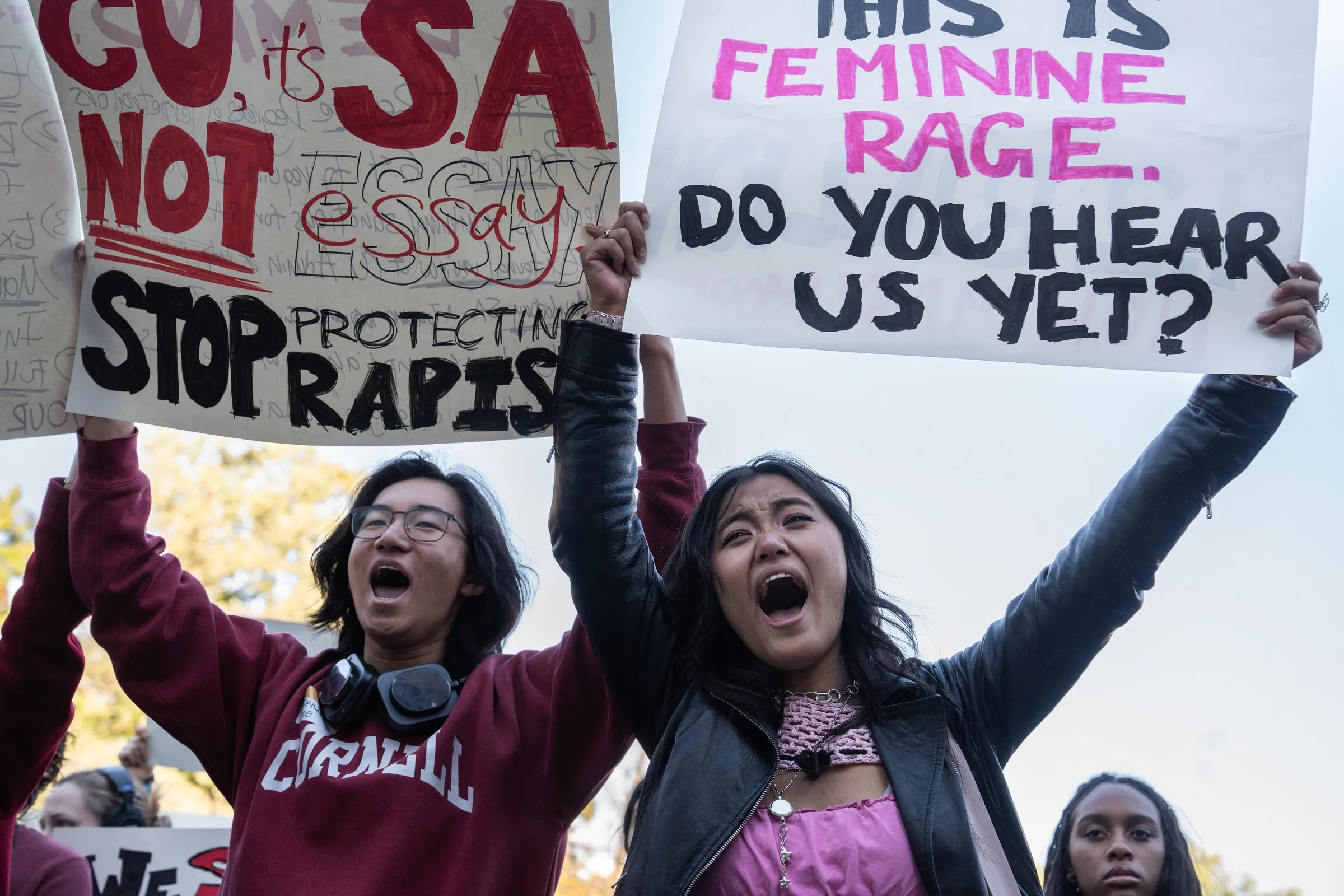 ITHACA, NY - OCTOBER 5: Thousands of Cornell University students and others from the Cornell community fill Ho Plaza for the Justice for Survivors protest hosted by twenty student organizations Monday