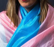 Person wearing a trans Pride flag