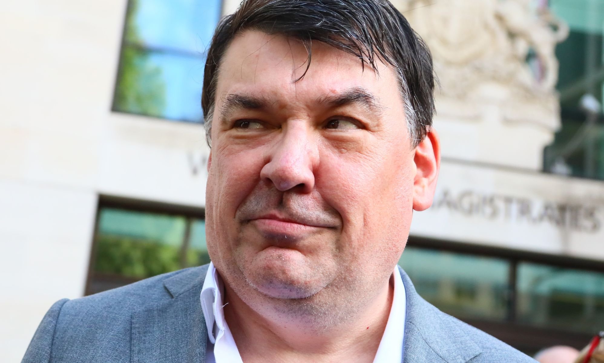 Graham Linehan outside of a Magistrates' court.