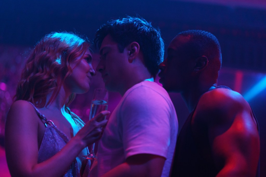 (L to R) Sophie Nélisse as Rose Landry, Hudson Williams as Shane Hollander and Devanté Senior as Miles in Episode 104 of Heated Rivalry. Cr. Sabrina Lantos © 2025